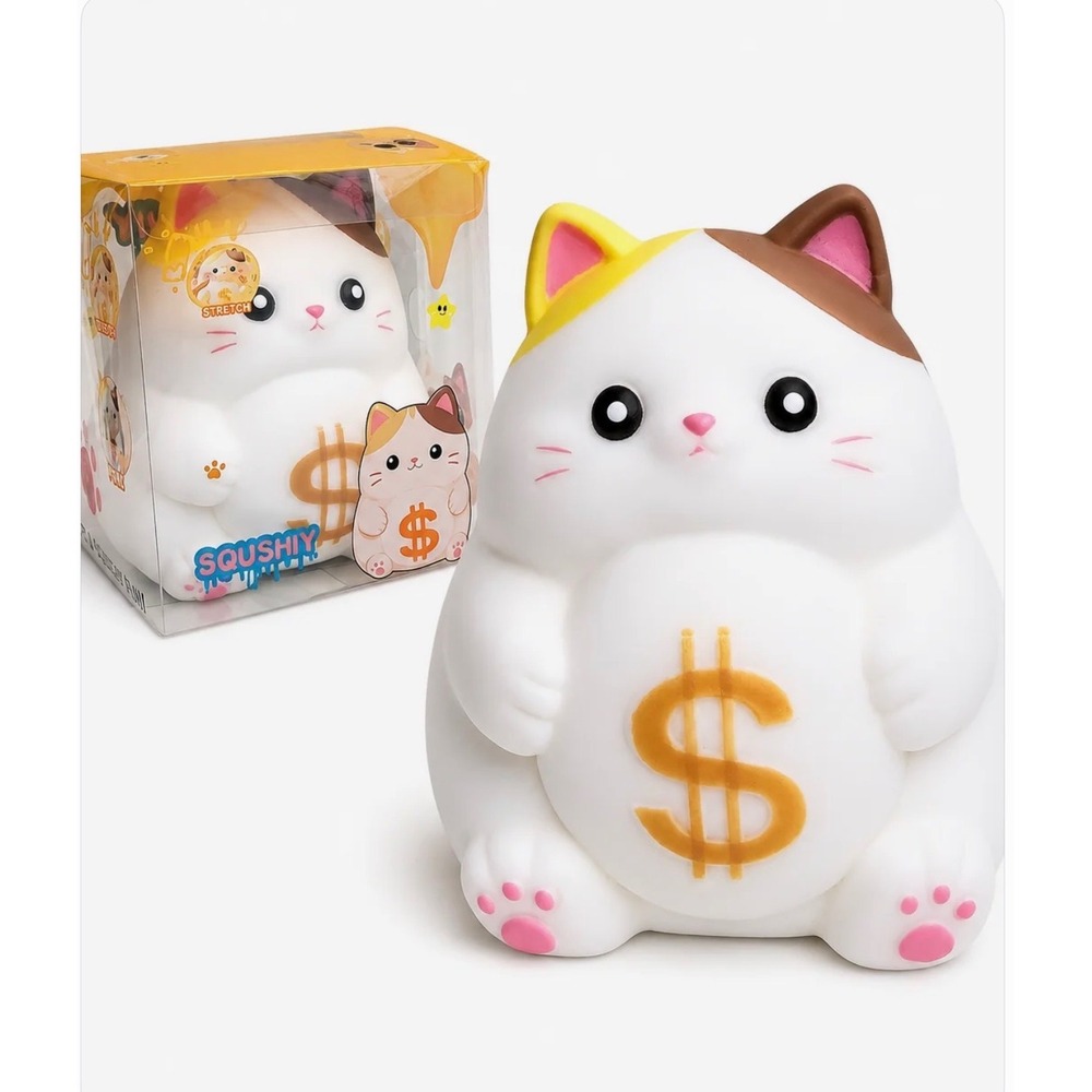 JUMBO Money Squishy Cat Toy Slow Rising Calico Kitty Gold Dollar Sign Toy NIB